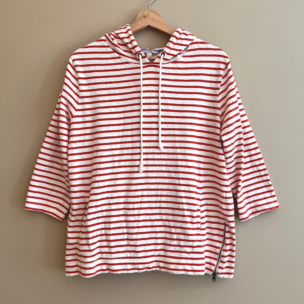 Banana Republic Womens Red White Striped 3/4 Sleeve Hoodie Coastal Cotton L